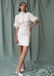 The Donna dress, Vanessa Cocchiaro, white, upcycled, over the knee, puffy sleeves, elegant