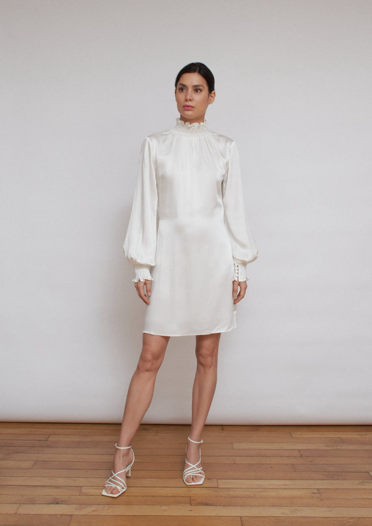 The C.J dress, Vanessa Cocchiaro, white, ivory, short, mini dress, bridal, wedding, engagement, event, formal, satin