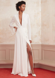 The Adrienne Gown, Vanessa Cocchiaro, plunging neckline, wedding, bridal, wrap dress, train, ivory, white