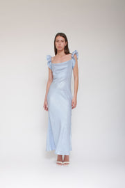 Vanessa Cocchiaro, bleu glacier, invitée de mariage, coupe en biais, froufrous, robe de soirée, événement