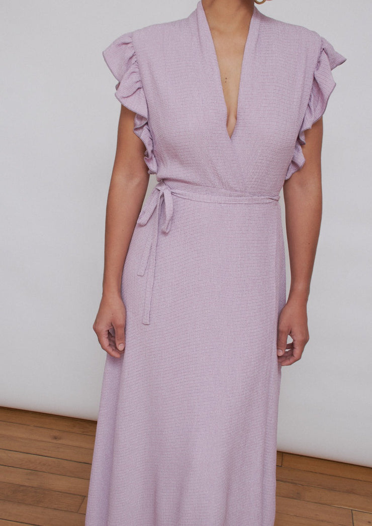 The Gladys dress, Vanessa Cocchiaro, wrap dress, lilac, meuve, upcycled, frilled, midi, ankle length, wedding guest, summer