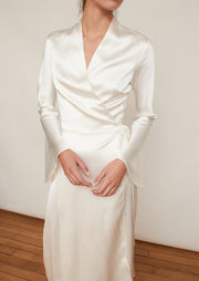 The Rose dress, Vanessa Cocchiaro, wrap dress, satin, white, engagement, civil wedding, bride