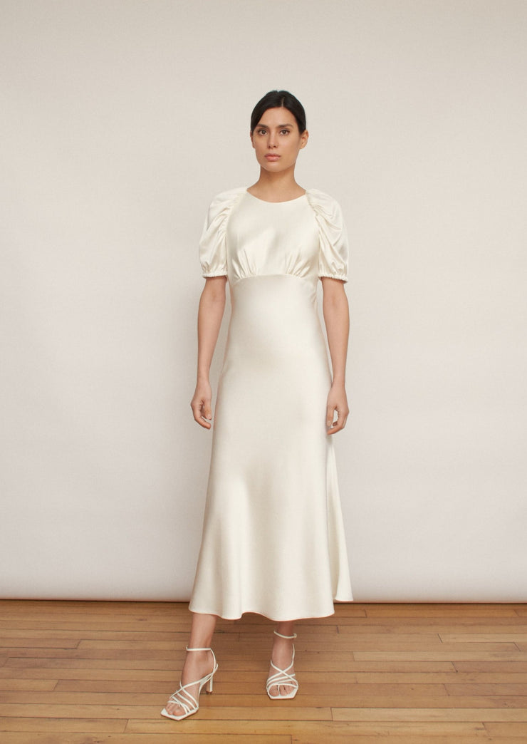 The Georgia dress, Vanessa Cocchiaro, ivory, white, ankle length, midi, fitted, gathered bust, open back, cocktail, spring, autumn wedding