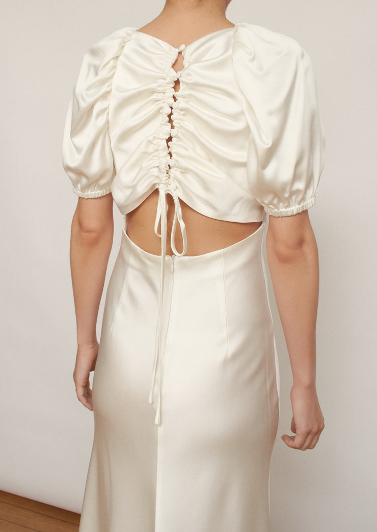 The Georgia dress, Vanessa Cocchiaro, ivory, white, ankle length, midi, fitted, gathered bust, open back, cocktail, spring, autumn wedding