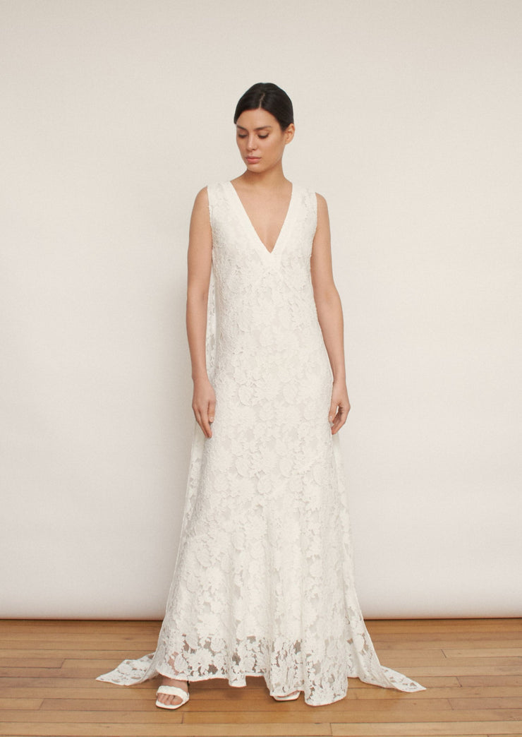 The Sappho dress, Vanessa Cocchiaro, summer bride, wedding, white dress, lace, cape, gown, elegant, simpl