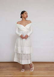 The Rosa dress, Vanessa Cocchiaro, white, midi, off the shoulder, a-line, engagement, civil wedding, party, summer 