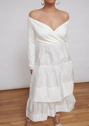 The Rosa dress, Vanessa Cocchiaro, white, midi, off the shoulder, a-line, engagement, civil wedding, party, summer 