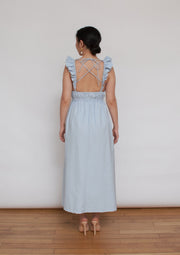 The Olivia dress, Vanessa Cocchiaro, sky blue, midi, ankle length, gathered waist, frilled sleeve, wedding guest, summer