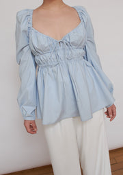 The Carly Top, Vanessa Cocchiaro, sky blue, puffy, long sleeve, gathered bust, open back