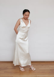 The Grace dress, Vanessa Cocchiaro, Satin, white, ivory, midi, ankle length, engagement, second wedding dress