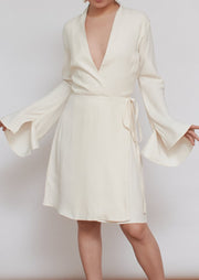 The Kate dress, Vanessa Cocchiaro, mini, short, ivory, white, wrap dress, engagement, short reception dress for bride