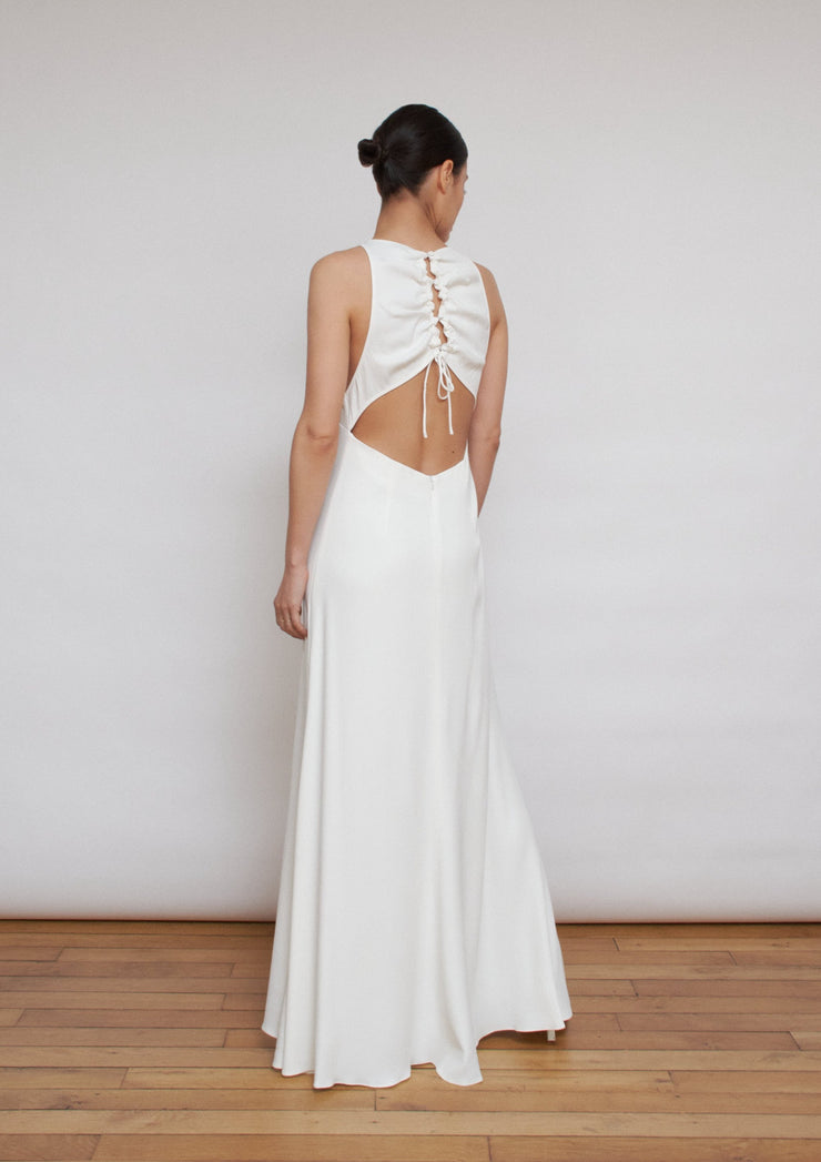 The Mary dress, Vanessa Cocchiaro, fitted white gown, simple, minimal , chic, elegant, open back, engagement, civil marriage 