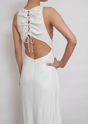 The Mary dress, Vanessa Cocchiaro, fitted white gown, simple, minimal , chic, elegant, open back, engagement, civil marriage 