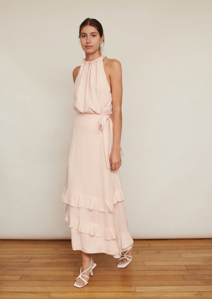 The Emmeline skirt, Vanessa Cocchiaro, wrap skirt, pale pink, frills, midi, bridesmaid, wedding guest