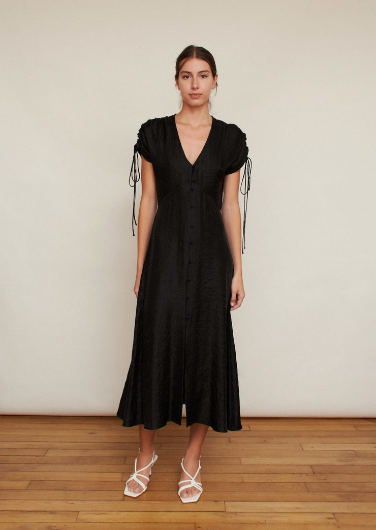 The midi Clara dress, Vanessa Cocchiaro, black, ankle length, ruched short sleeves, button up, cocktail dress, black, party, wedding guest