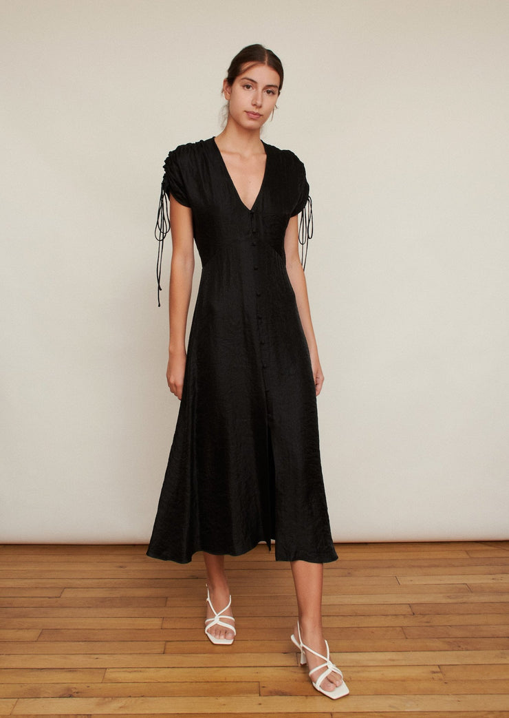 The midi Clara dress, Vanessa Cocchiaro, black, ankle length, ruched short sleeves, button up, cocktail dress, black, party, wedding guest